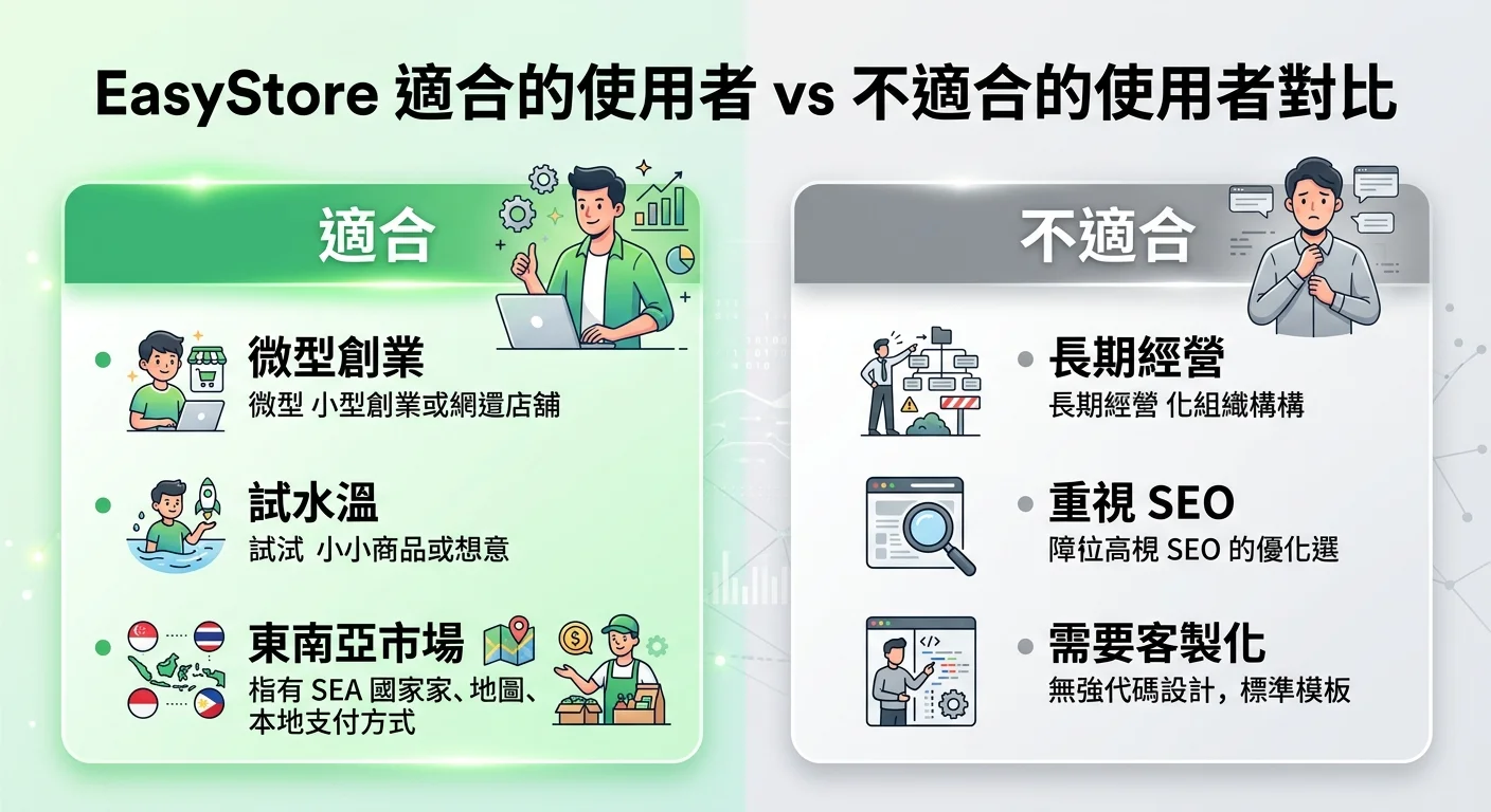 EasyStore 適合的使用者 vs 不適合的使用者對比圖，左側「適合」（微型創業、試水溫、東南亞市場）以綠色呈現，右側「不適合」（長期經營、重視 SEO、需要客製化）以灰色呈現