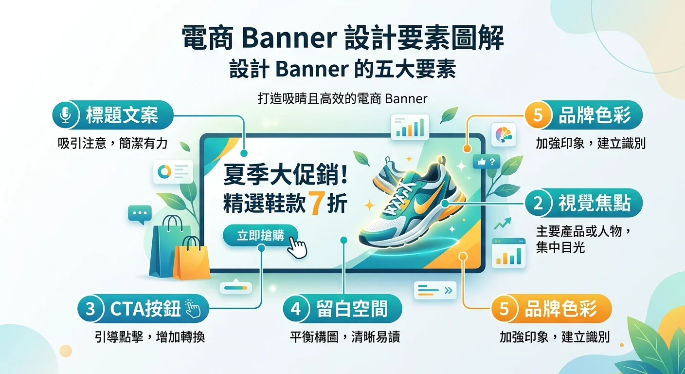 電商 Banner 設計要素圖解，一個 Banner 範例上標示五大要素：標題文案、視覺焦點、CTA按鈕、留白空間、品牌色彩