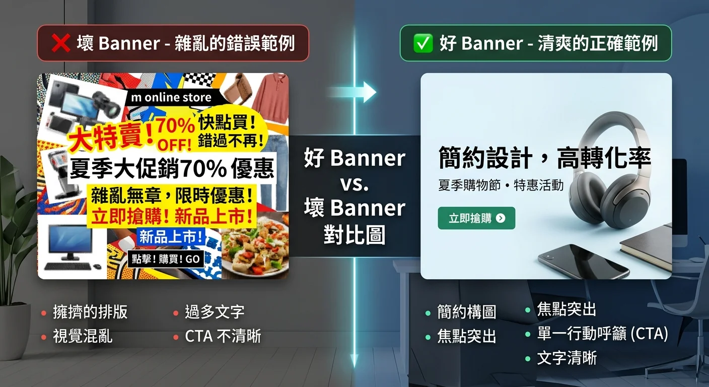 好 Banner vs 壞 Banner 對比圖，左側是雜亂的錯誤範例，右側是清爽的正確範例