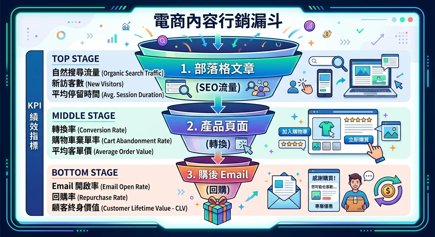 電商內容行銷漏斗，由上到下：部落格文章（SEO流量）→產品頁面（轉換）→購後Email（回購），旁標各階段的KPI