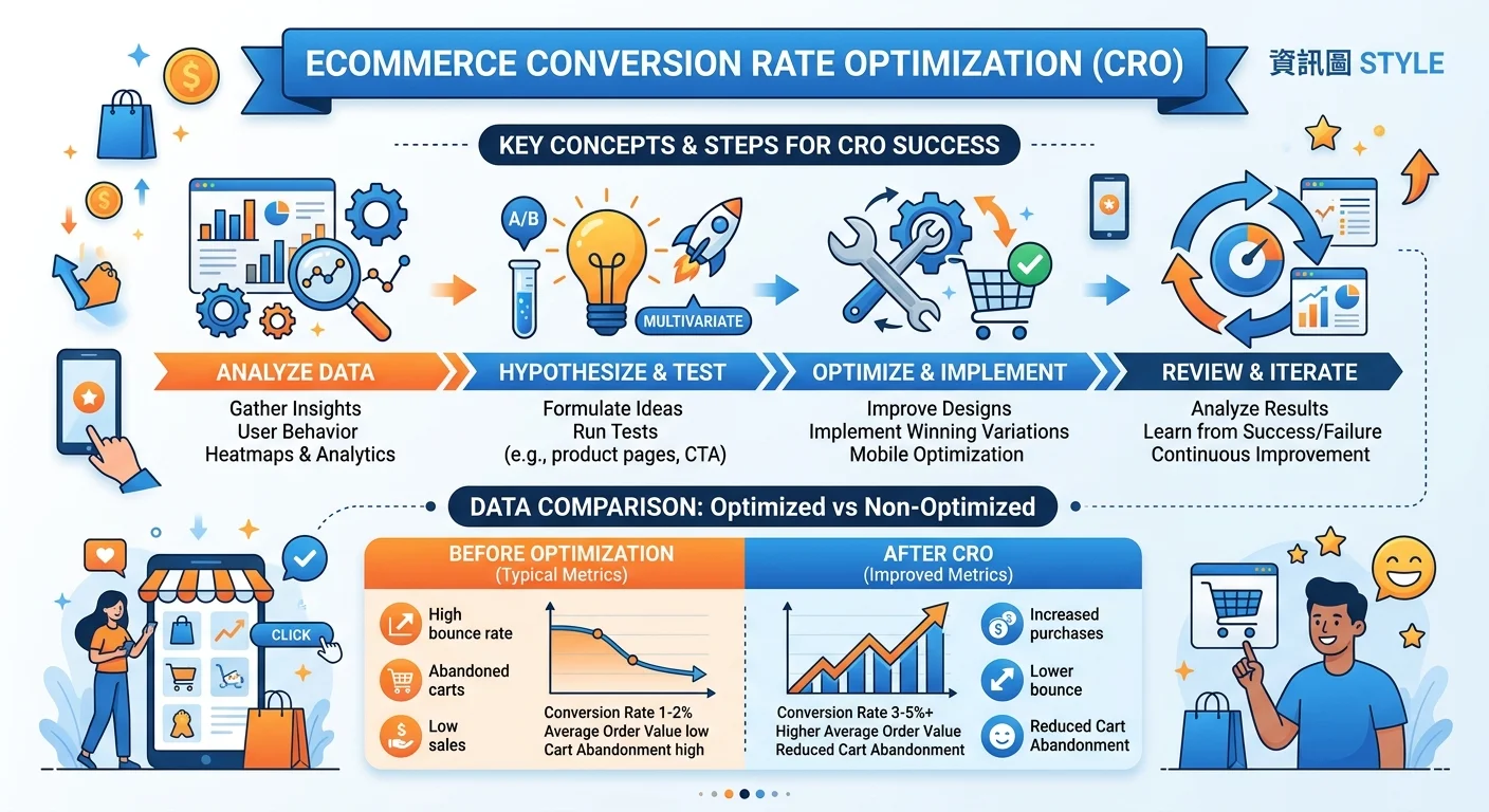 電商轉換率優化 2026：7 招提升轉換率＋AI 工具推薦＋台灣電商平均數據相關的視覺化資訊圖，展示核心概念與數據對比