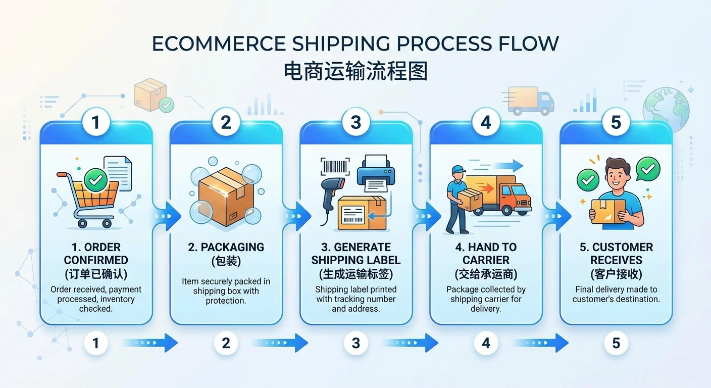 電商出貨流程 5 步驟橫向流程圖