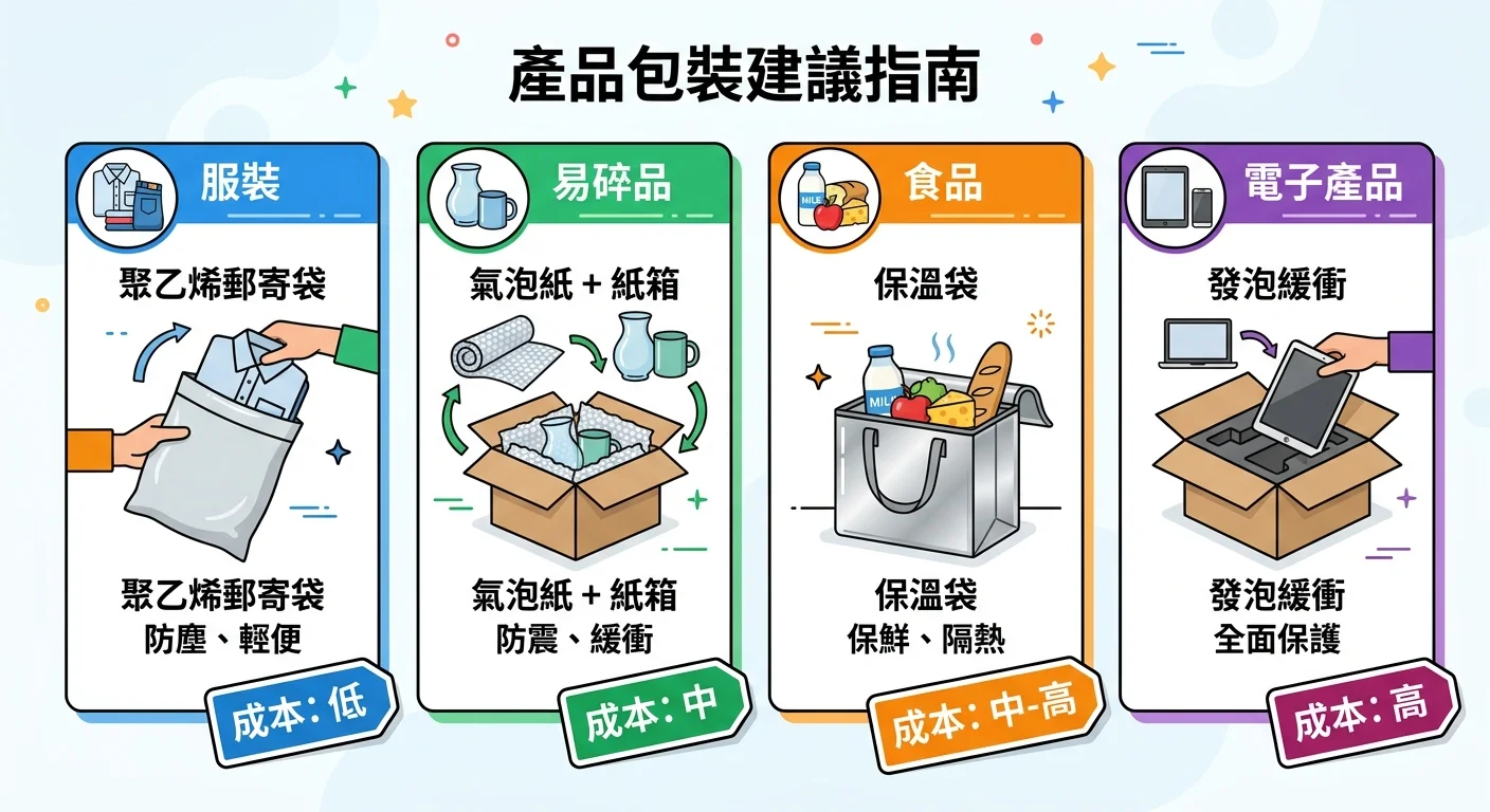 包裝材料分類對照圖，四格分別為服飾（破壞袋）、易碎品（氣泡袋+紙箱）、食品（保冷袋）、3C（防震泡棉），每格標示成本