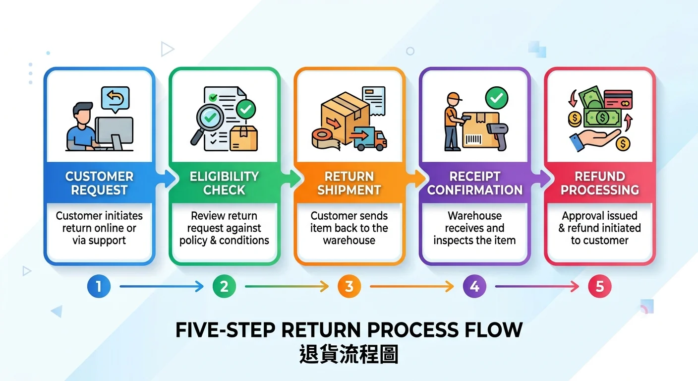 退貨退換貨 SOP 五步驟流程圖：消費者申請→確認資格→寄回商品→收到確認→退款處理