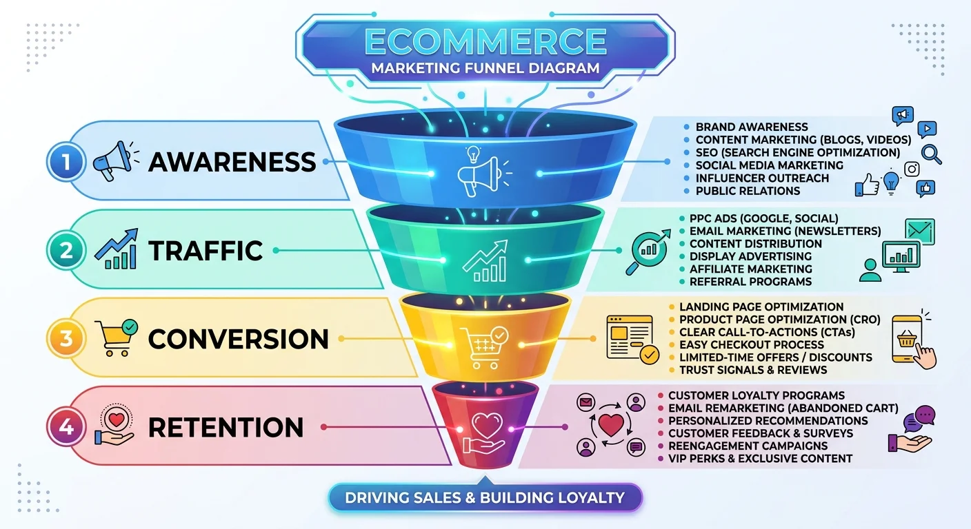 電商行銷漏斗圖，從上到下：曝光 → 流量 → 轉換 → 復購，每層標示對應的行銷手法