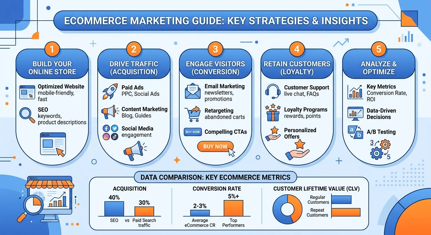 電商行銷完整指南 2026：策略、工具、案例與行銷企劃範本相關的視覺化資訊圖，展示核心概念與數據對比