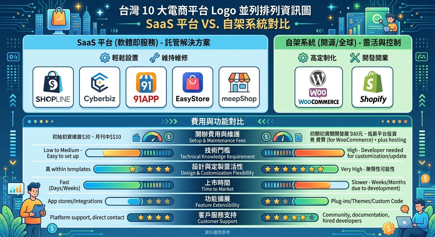 台灣 10 大電商平台 Logo 並列排列的資訊圖，左側為 SaaS 平台（SHOPLINE、Cyberbiz、91APP、EasyStore、meepShop），右側為自架系統（WordPress WooCommerce、Shopify），下方有費用與功能對比的視覺化指標