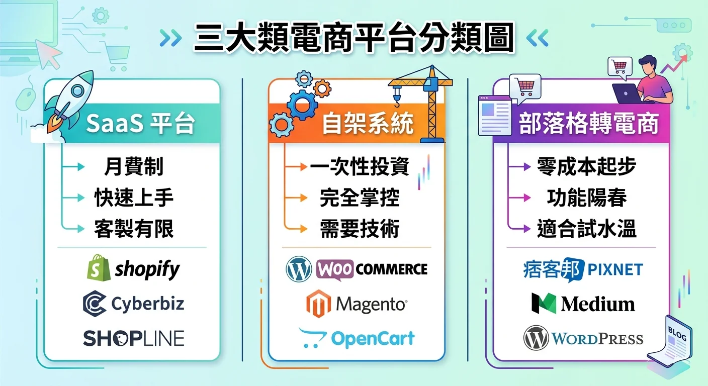 三大類電商平台分類圖：左欄「SaaS 平台」（月費制、快速上手、客製有限），中欄「自架系統」（一次性投資、完全掌控、需要技術），右欄「部落格轉電商」（零成本起步、功能陽春、適合試水溫），每欄搭配簡易圖示與 2-3 個代表平台