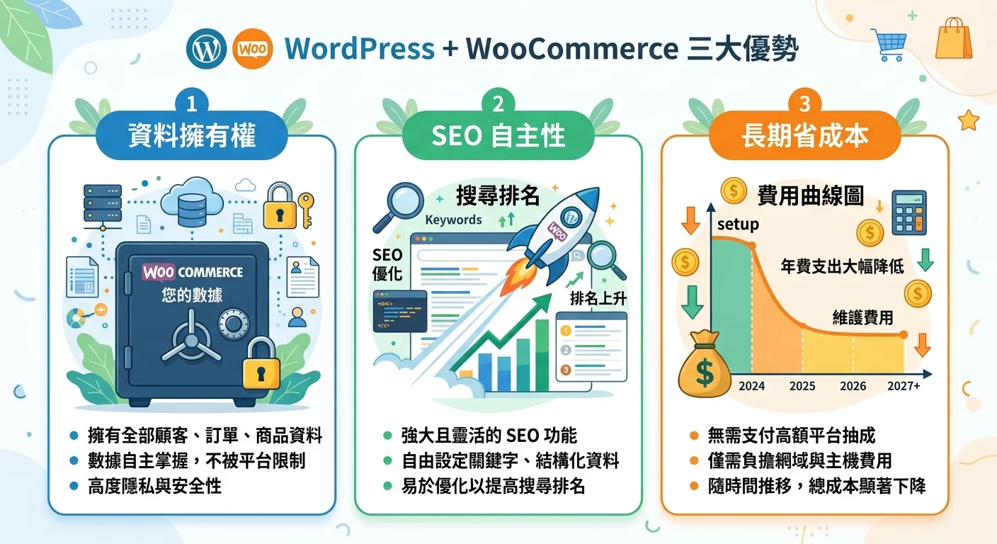 WordPress + WooCommerce 的三大優勢視覺化呈現：左側「資料擁有權」搭配保險箱圖示，中間「SEO 自主性」搭配搜尋排名圖示，右側「長期省成本」搭配下降的費用曲線圖，整體風格明亮清晰