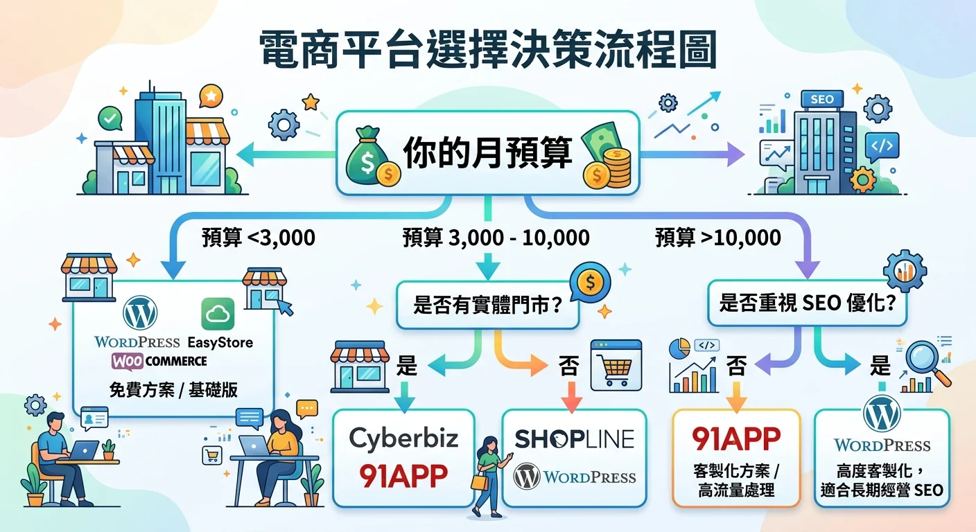 電商平台選擇決策流程圖，從「你的月預算」開始分岔：預算 <3,000 走向 WordPress/EasyStore 免費方案，預算 3,000-10,000 分岔到「是否有實體門市」（是 → Cyberbiz/91APP，否 → SHOPLINE/WordPress），預算 >10,000 走向「是否重視 SEO」（是 → WordPress，否 → 91APP 客製方案）” loading=”lazy” /><br />
</figure>
<p>我們整理了 30 多個客戶的實際選擇經驗，發現大部分人卡在「不知道有哪些選項」這一步。所以先給你一張全局圖。</p>
<figure>
  <img decoding=