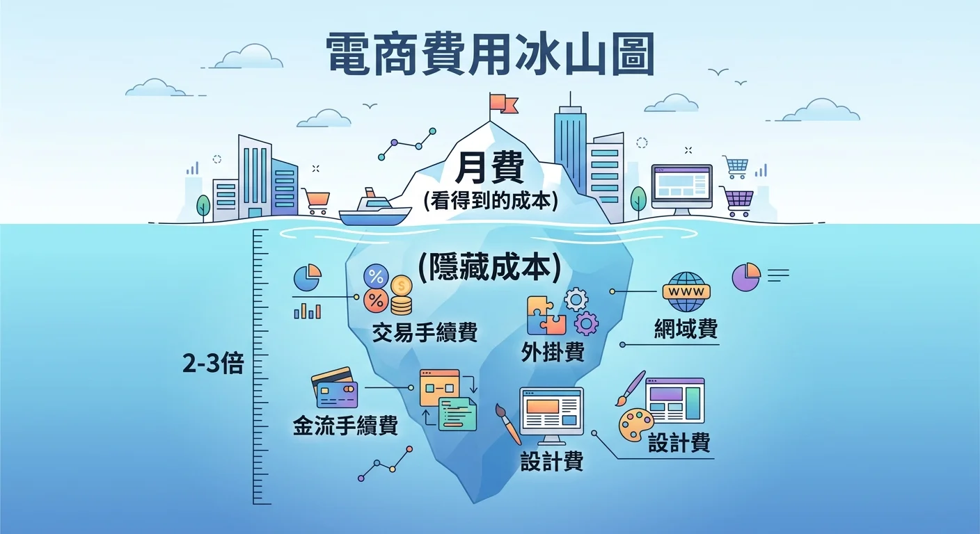 電商費用冰山圖，水面上是「月費」（看得到的成本），水面下是「交易手續費」「金流手續費」「外掛費」「網域費」「設計費」（隱藏成本），隱藏成本的面積是月費的 2-3 倍