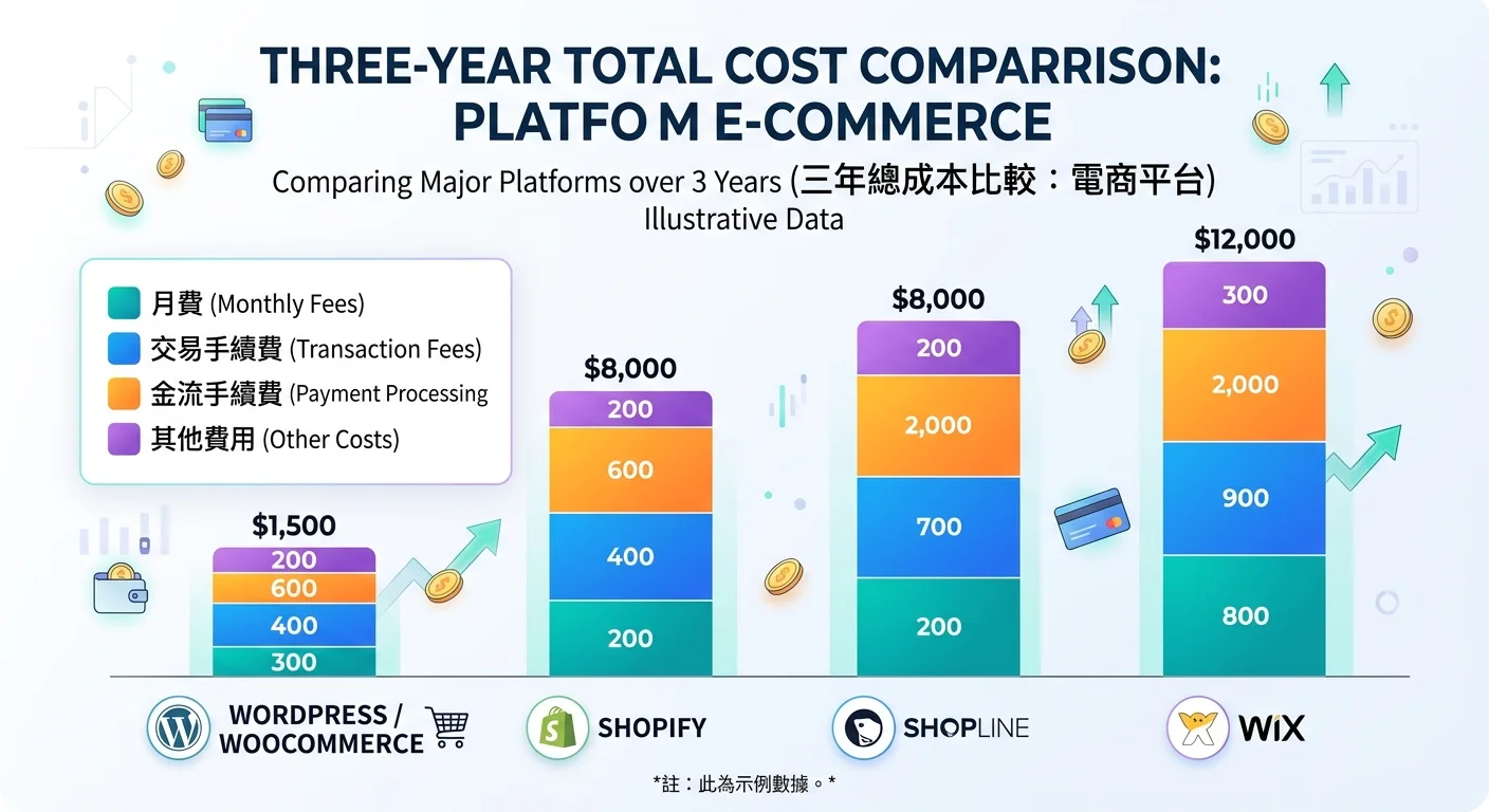 三年總成本比較堆疊長條圖，每個平台一個長條，分為「月費」「交易手續費」「金流手續費」「其他費用」四色堆疊，WordPress 的長條明顯最短