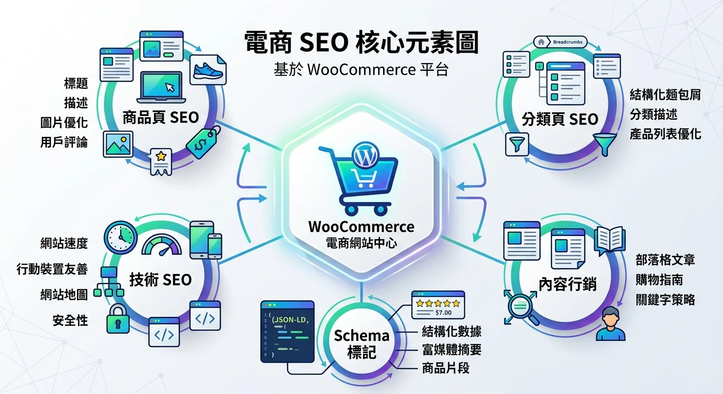 電商 SEO 核心元素圖，中心為 WooCommerce 購物車圖示，周圍環繞「商品頁 SEO」「分類頁 SEO」「內容行銷」「Schema 標記」「技術 SEO」五個元素
