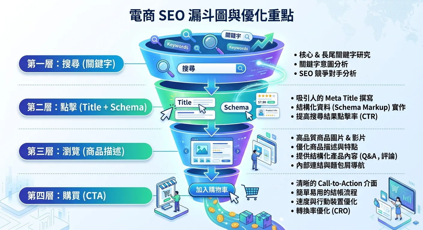 電商 SEO 漏斗圖，從上到下為「搜尋（關鍵字）」→「點擊（Title + Schema）」→「瀏覽（商品描述）」→「購買（CTA）」，每層標示對應的 SEO 優化重點