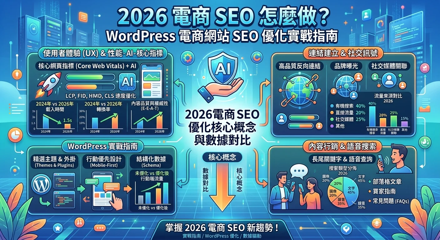 2026 電商 SEO 怎麼做？WordPress 電商網站 SEO 優化實戰指南相關的視覺化資訊圖，展示核心概念與數據對比