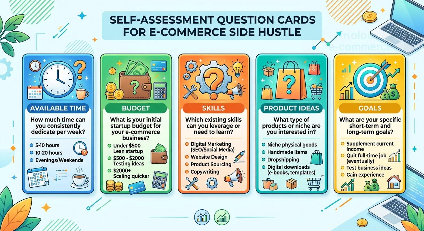 電商副業入門自我評估五問，以問答卡片形式呈現
