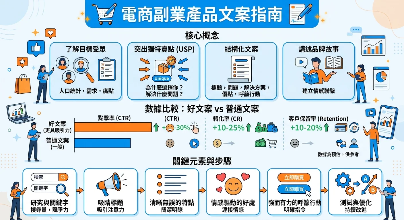 電商副業 2026 入門指南：選品策略、商品描述撰寫技巧＋PTT 過來人心得相關的視覺化資訊圖，展示核心概念與數據對比