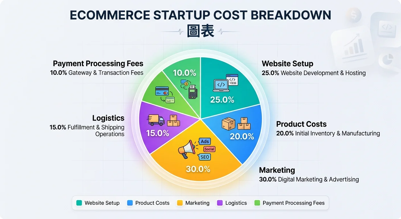 電商創業成本組成圓餅圖，包含架站費用、商品成本、行銷費、物流費、金流手續費五大區塊，每塊標示百分比