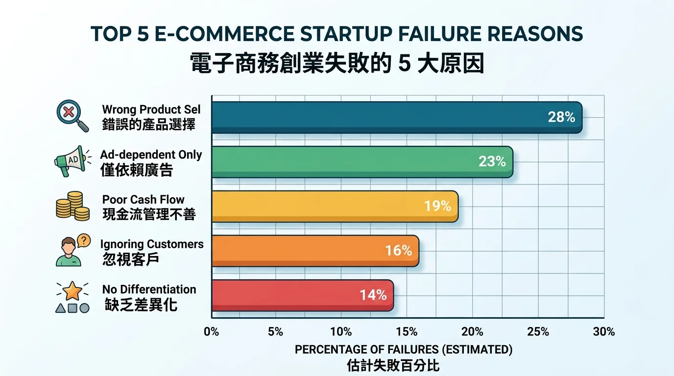 電商創業失敗五大原因統計圖，長條圖形式，從高到低排列：選品錯誤、只靠廣告、現金流差、忽略客戶、沒有差異化
