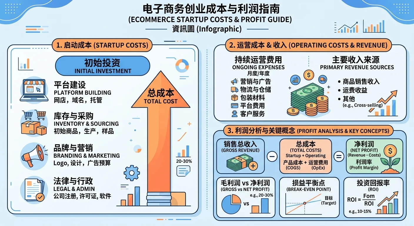 電商創業成本 2026：一個月能賺多少？PTT/Dcard 真實數據與成本拆解相關的視覺化資訊圖，展示核心概念與數據對比