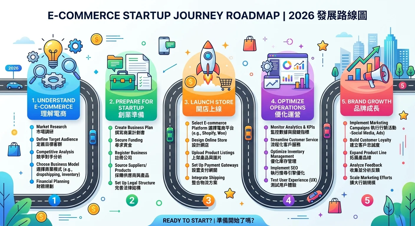 2026 電商創業完整路線圖，從左到右依序為：了解電商 → 創業準備 → 開店上線 → 經營優化 → 品牌成長，五個階段以路線圖形式呈現，每個階段標示重點工作