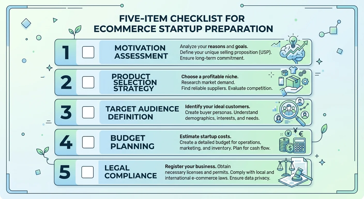 電商創業前 5 大準備事項檢查清單，以五個勾選方塊呈現：動機評估、選品策略、客群定義、預算規劃、法規遵循