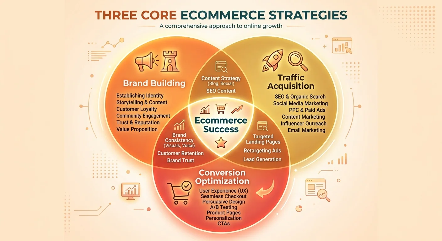 電商經營三大核心策略圖，三個圓形互相交疊：品牌化經營、流量獲取、轉換率優化，交集中心標示「電商成功」
