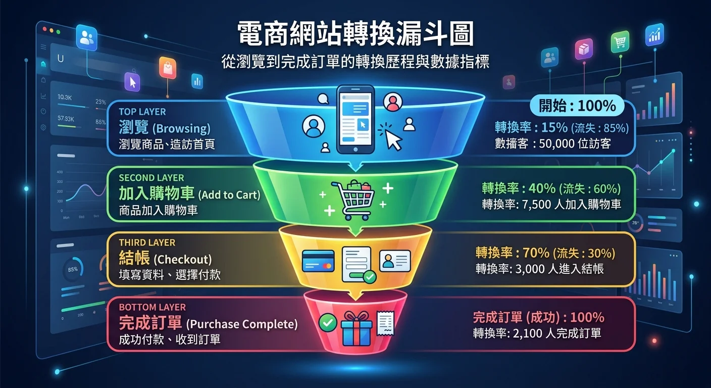 電商網站轉換漏斗圖，從瀏覽 → 加入購物車 → 結帳 → 完成訂單，每層標示轉換率
