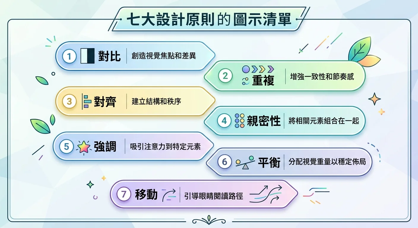 七大設計原則的圖示清單，每個原則配一個小圖標