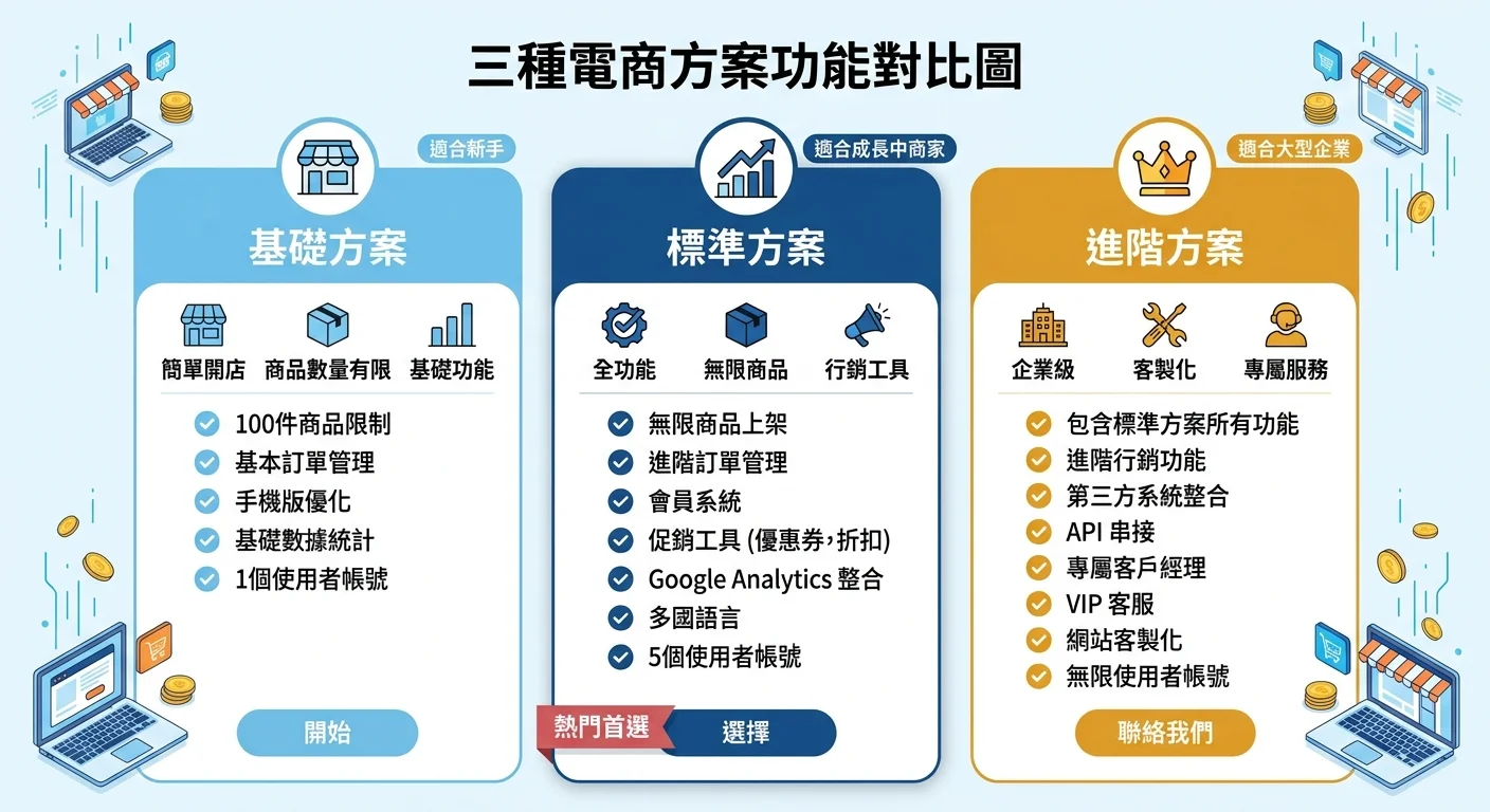 三種電商方案（基礎/標準/進階）的功能對比圖