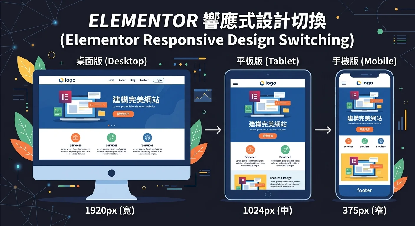 Elementor 響應式設計切換示意圖，顯示同一頁面在桌面、平板、手機三種裝置的不同呈現