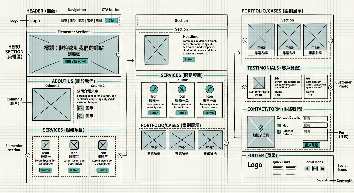 Elementor 一頁式網站的區塊結構示意圖