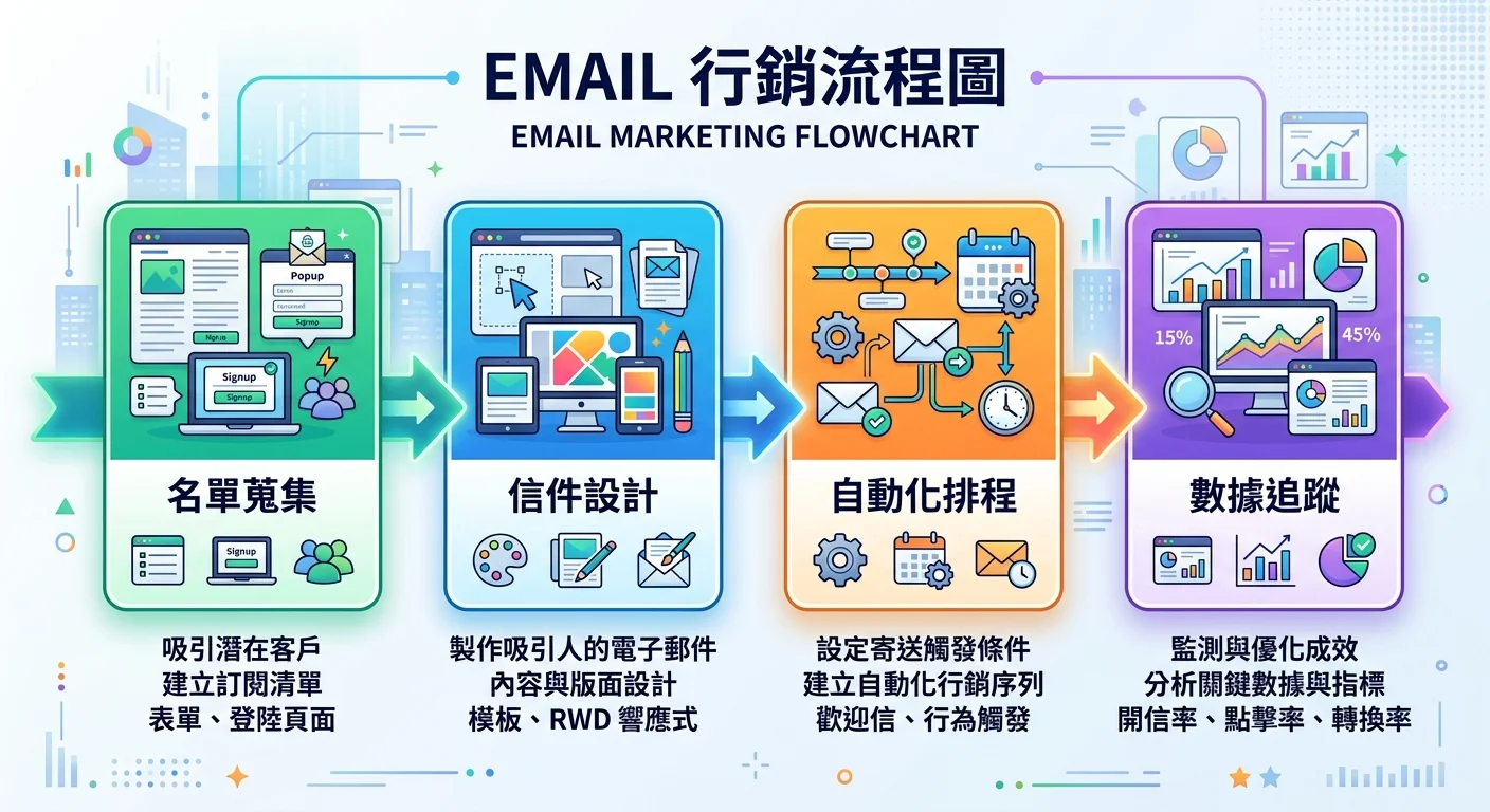 Email 行銷流程圖，由左到右四個階段：名單蒐集→信件設計→自動化排程→數據追蹤，每個階段搭配對應的工具圖示
