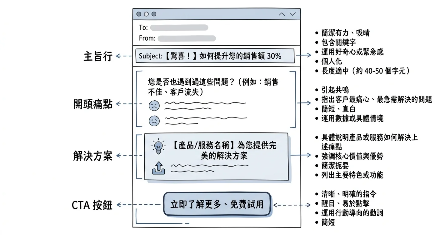 Email 信件結構示意圖，由上到下：主旨行、開頭痛點、解決方案、CTA 按鈕，旁邊標註各區塊的最佳實踐