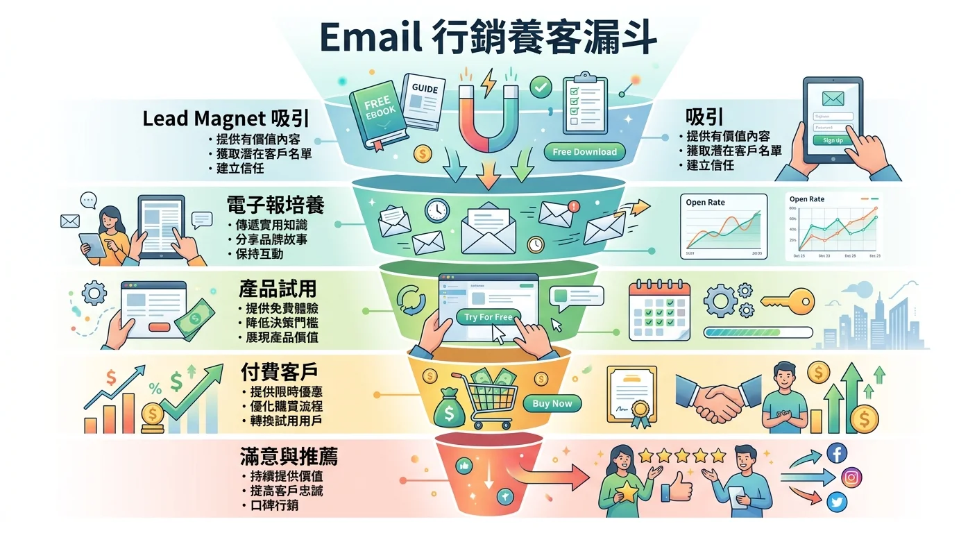 Email 行銷養客漏斗，由上到下：Lead Magnet 吸引→電子報培養→產品試用→付費客戶