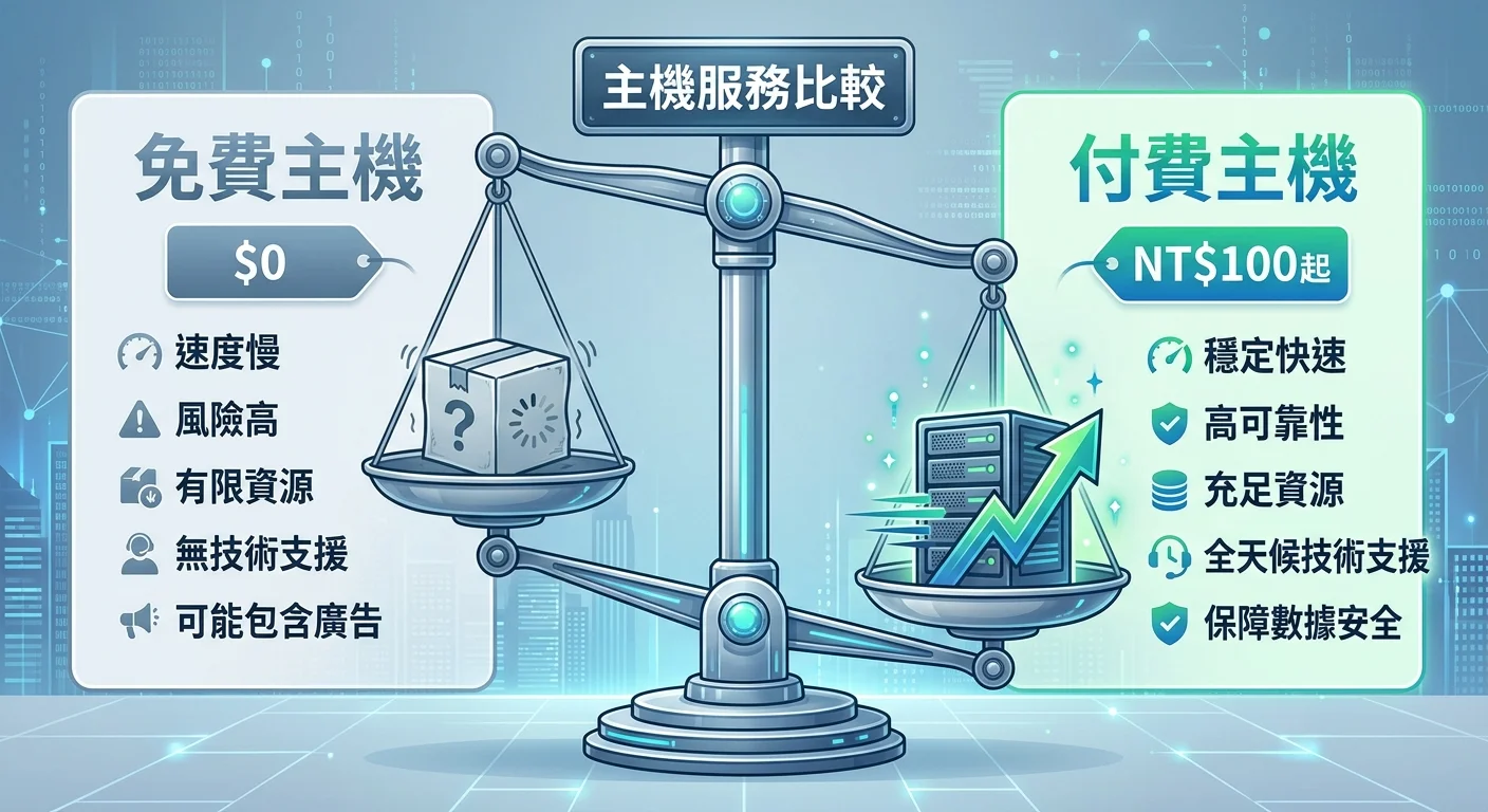 免費 vs 付費主機比較天平圖，左側標示免費（$0 但速度慢、風險高），右側標示付費（NT$100起 但穩定快速），天平傾向付費側
