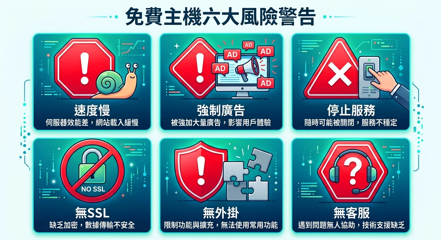 免費主機六大風險警告圖，六個紅色警告標誌配圖示（蝸牛=速度慢、廣告=強制廣告、叉叉=停止服務、鎖=無SSL、積木=無外掛、問號=無客服）