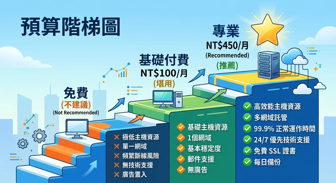 預算階梯圖，由低到高三個階梯：免費（不建議）→ 基礎付費 NT$100/月（堪用）→ 專業 NT$450/月（推薦），每層標示對應主機和功能