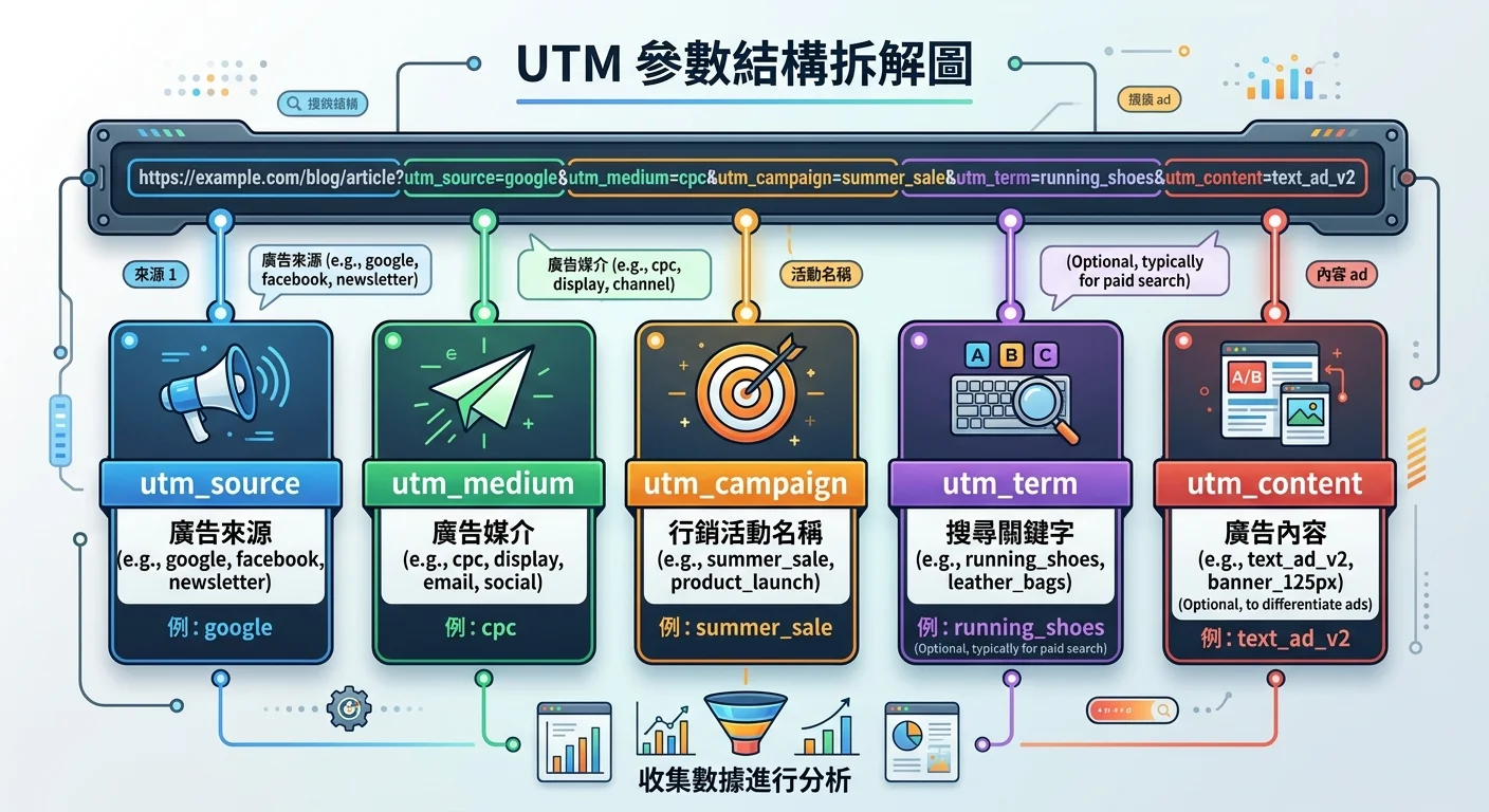 UTM 參數結構拆解圖，一個完整的 UTM 連結被拆成五個部分標示