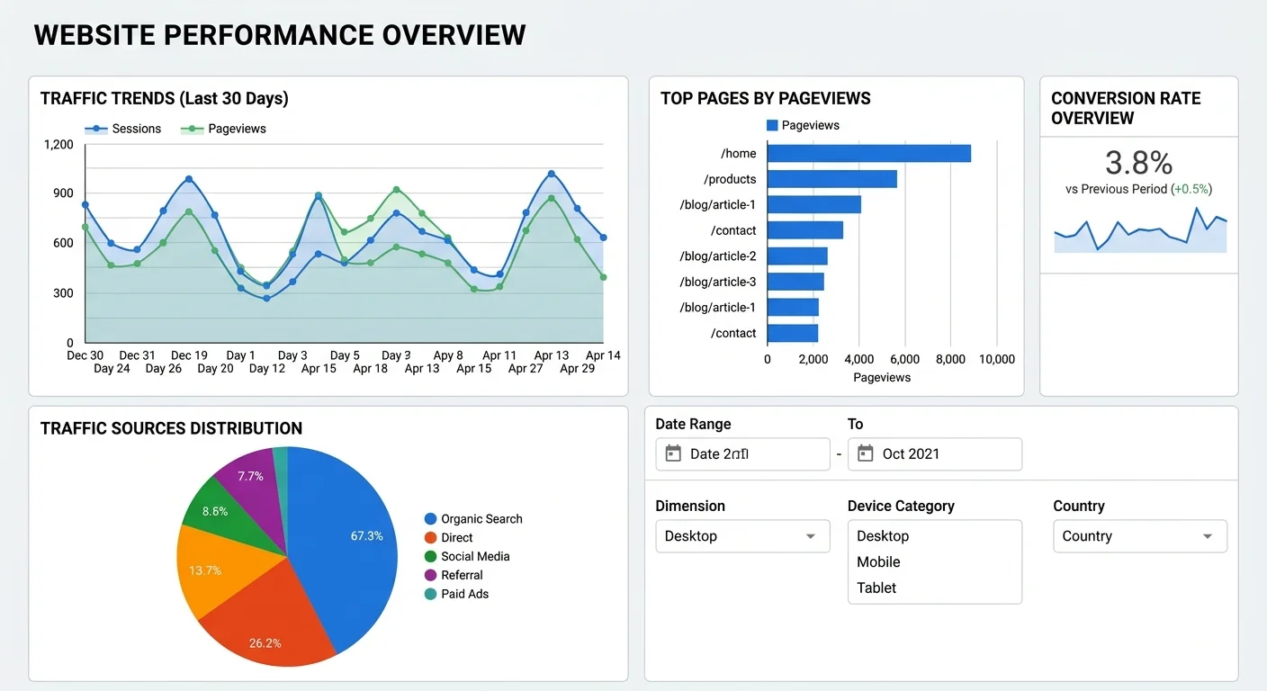 Looker Studio 儀表板範例，包含流量趨勢、來源分布、熱門頁面、轉換率等圖表