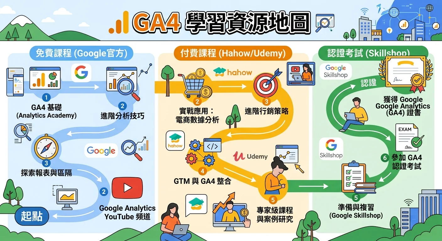 GA4 學習資源地圖，分為三個區塊：免費課程（Google官方）、付費課程（Hahow/Udemy）、認證考試（Skillshop），以路線圖形式呈現