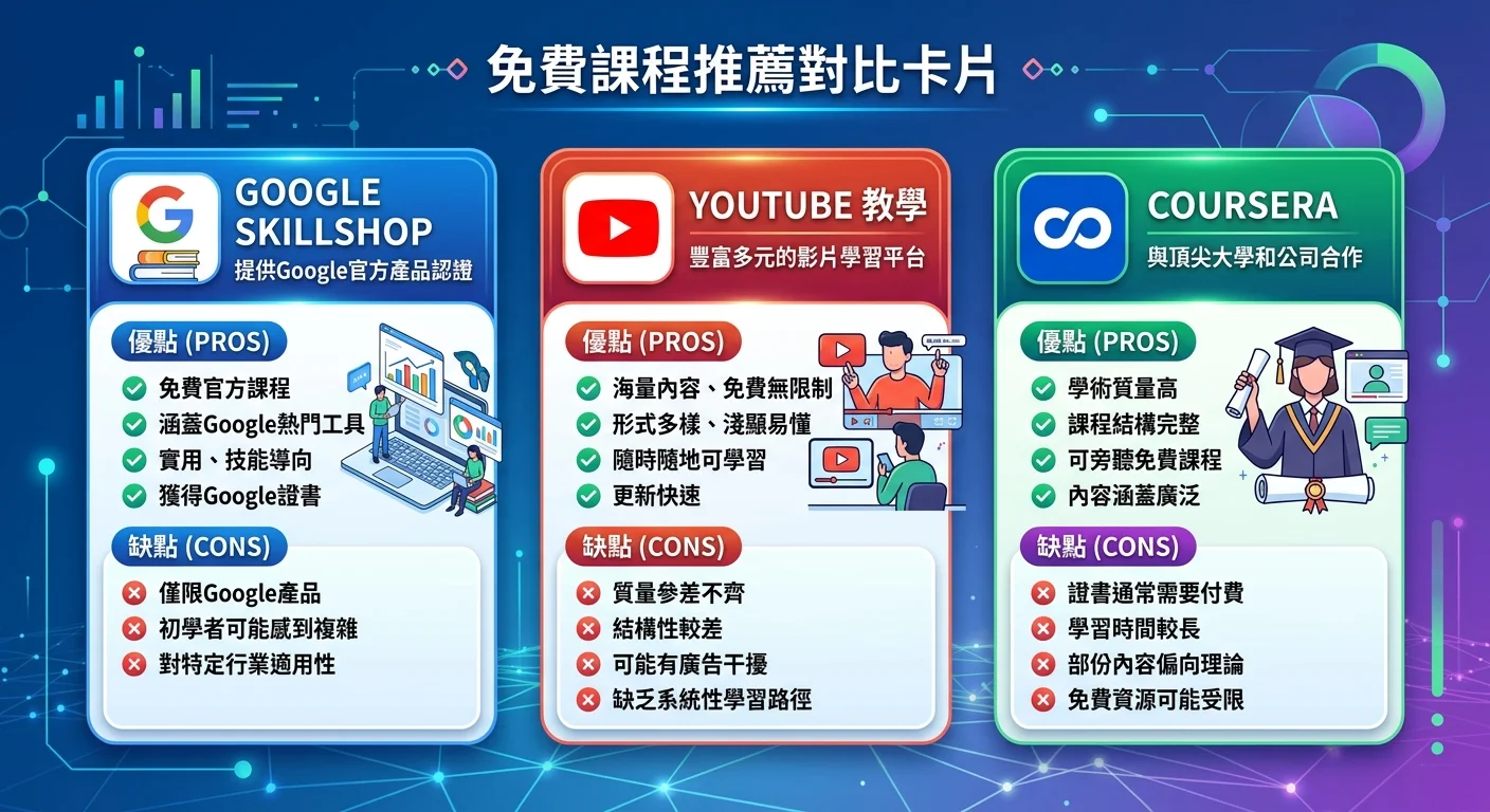 免費課程推薦對比卡片，三張卡片：Google Skillshop、YouTube教學、Coursera，各列出優缺點