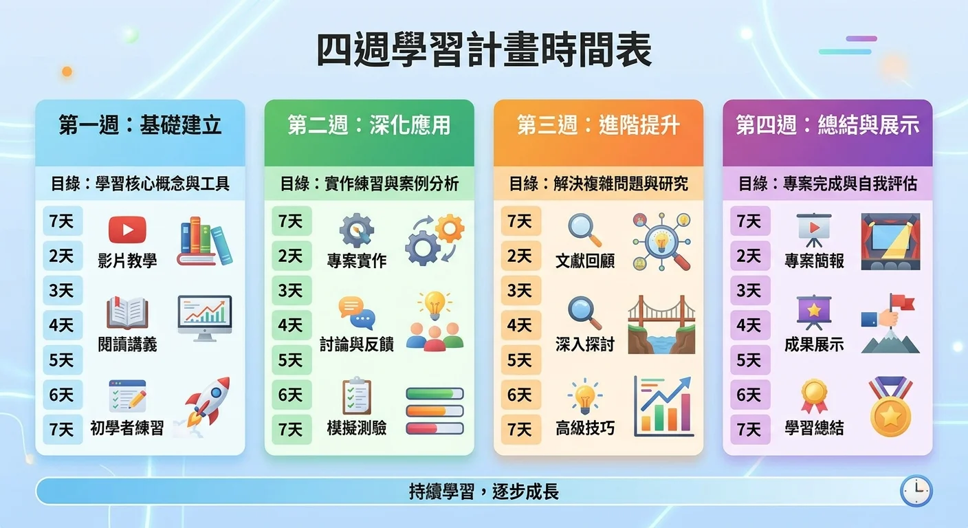 GA4 認證考試準備時間表，四週計畫：第一週官方課程、第二週實操、第三週模擬測驗、第四週正式考試