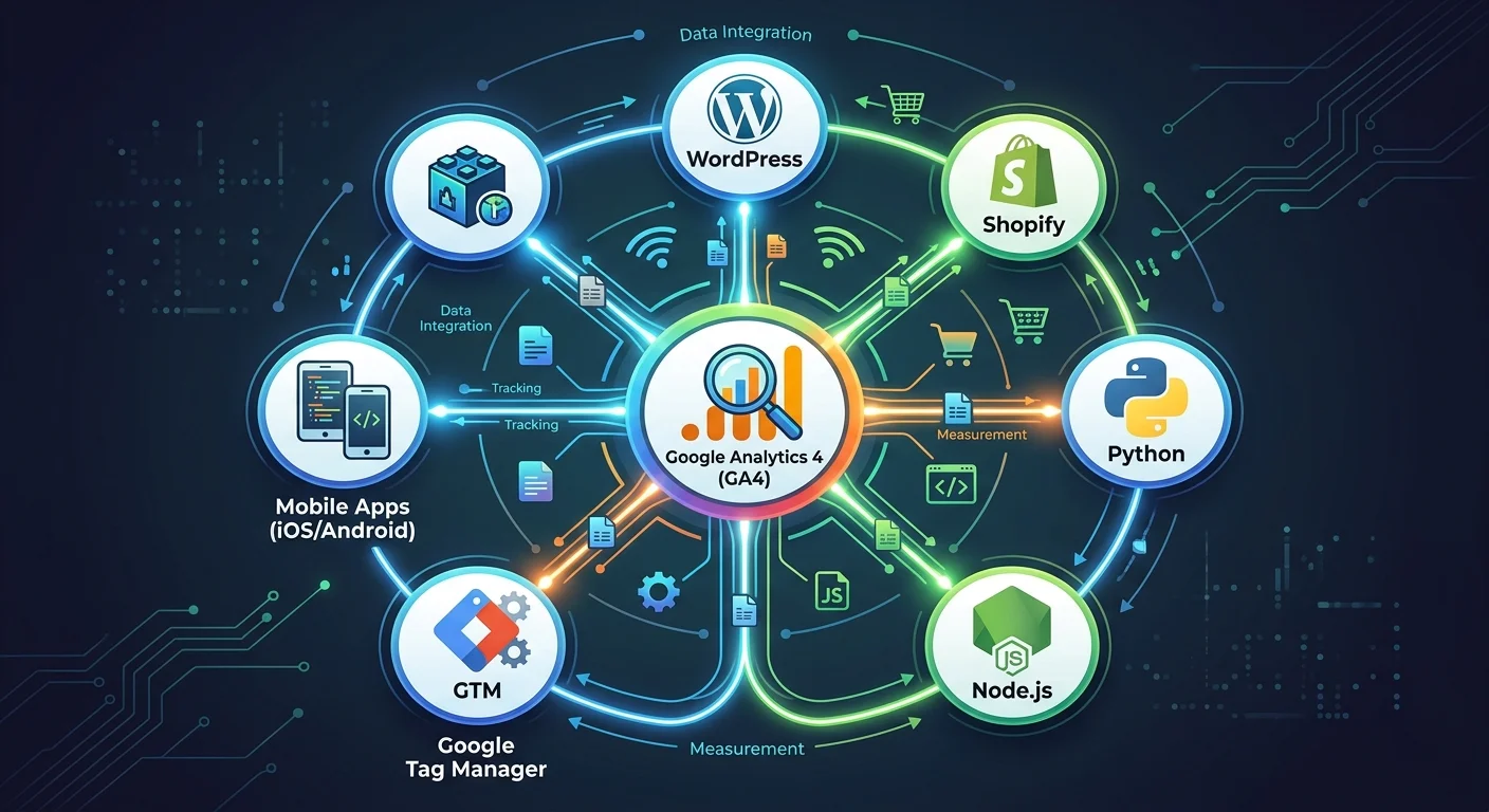 GA4 與各平台串接圖，中央 GA4，放射狀連接 WordPress、Shopify、Python、Node.js、GTM