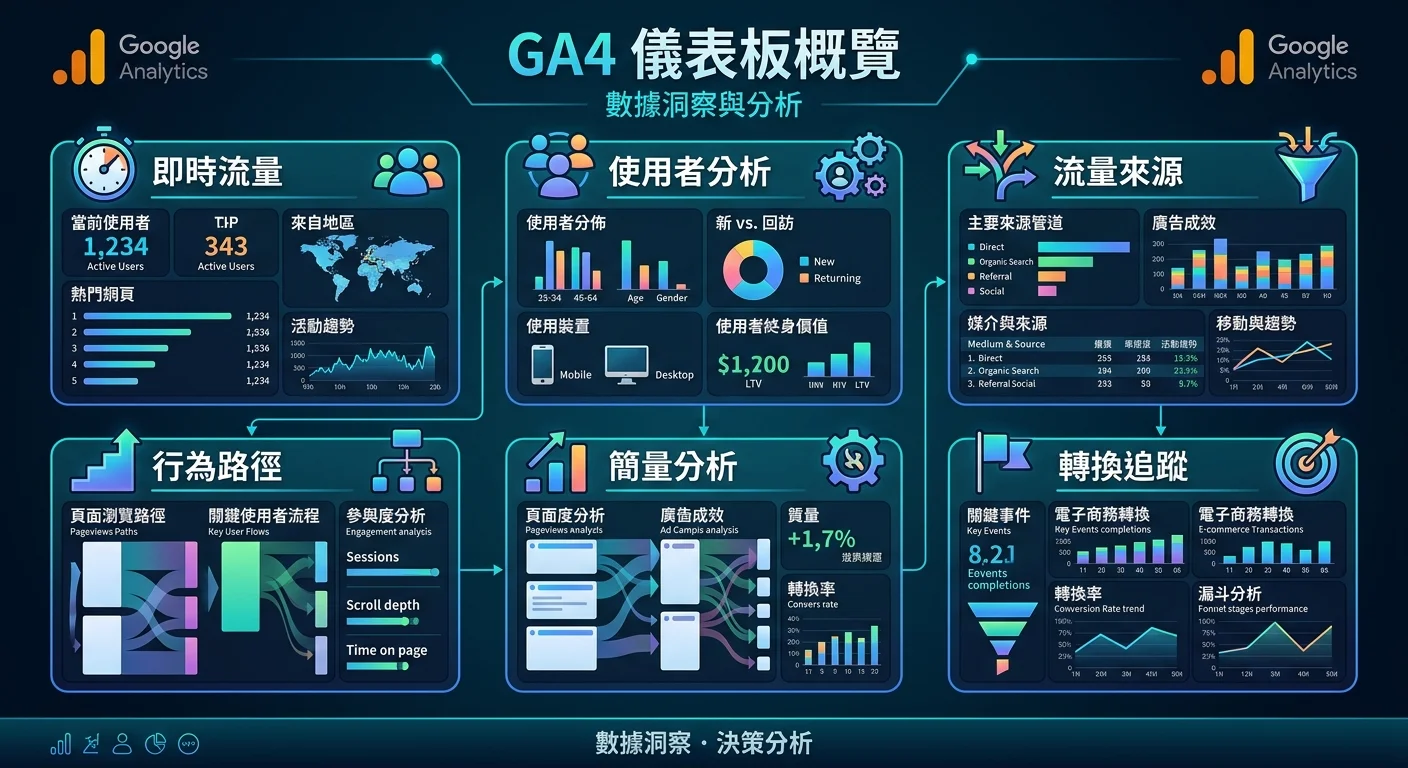 GA4 儀表板概覽資訊圖，展示核心功能模組：即時流量、使用者分析、流量來源、行為路徑、轉換追蹤，以儀表板風格呈現