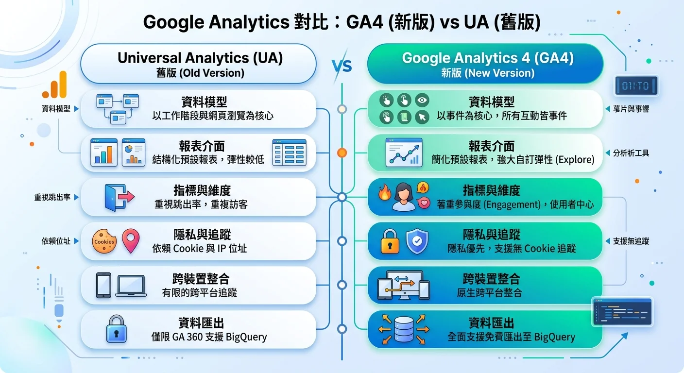 GA4 vs UA 差異對比圖，左右兩欄分別標示舊版和新版的核心差異