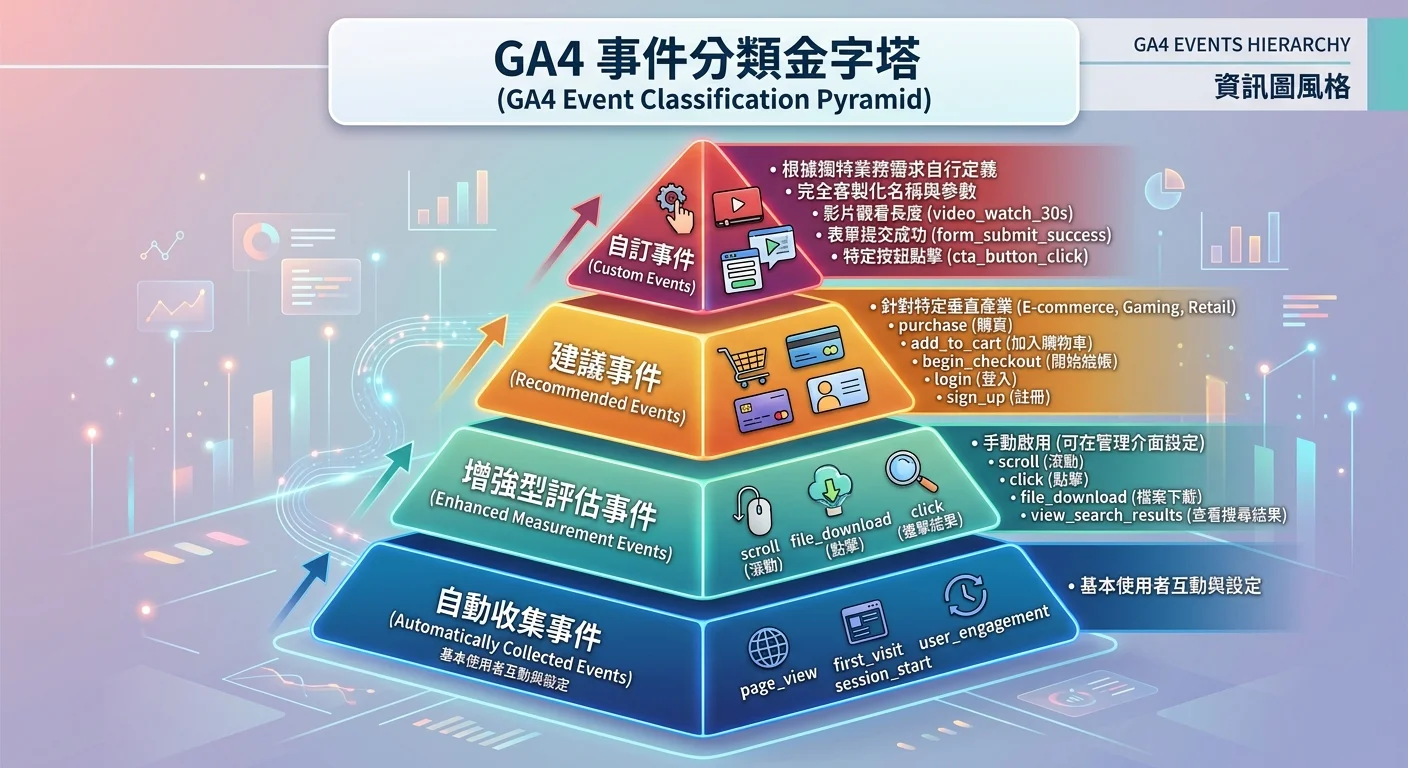 GA4 事件分類金字塔圖，由下到上：自動收集→增強型評估→建議事件→自訂事件，每層標示範例