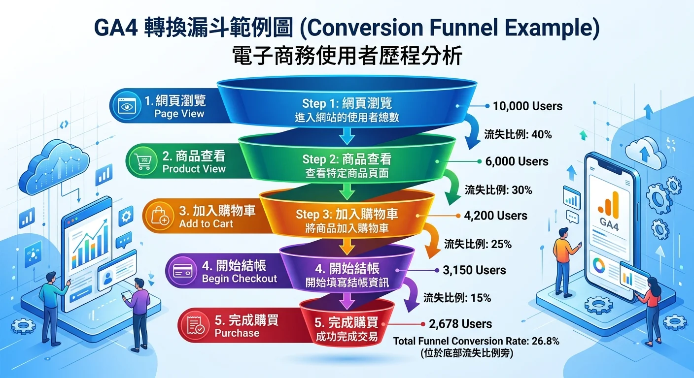 GA4 轉換漏斗範例圖，五個步驟由上到下逐漸縮小，每步標示流失比例