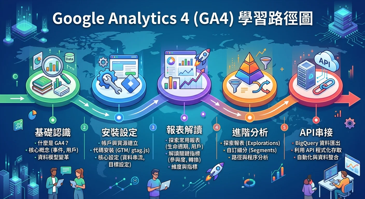 GA4 學習路徑圖，五個階段由左到右：基礎認識→安裝設定→報表解讀→進階分析→API串接