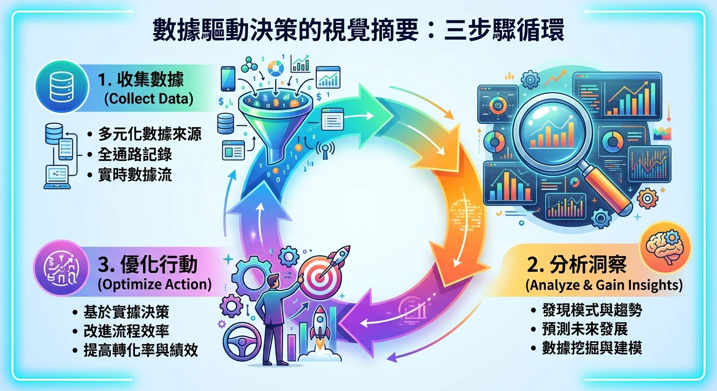 數據驅動決策的視覺摘要，三步驟循環：收集數據→分析洞察→優化行動